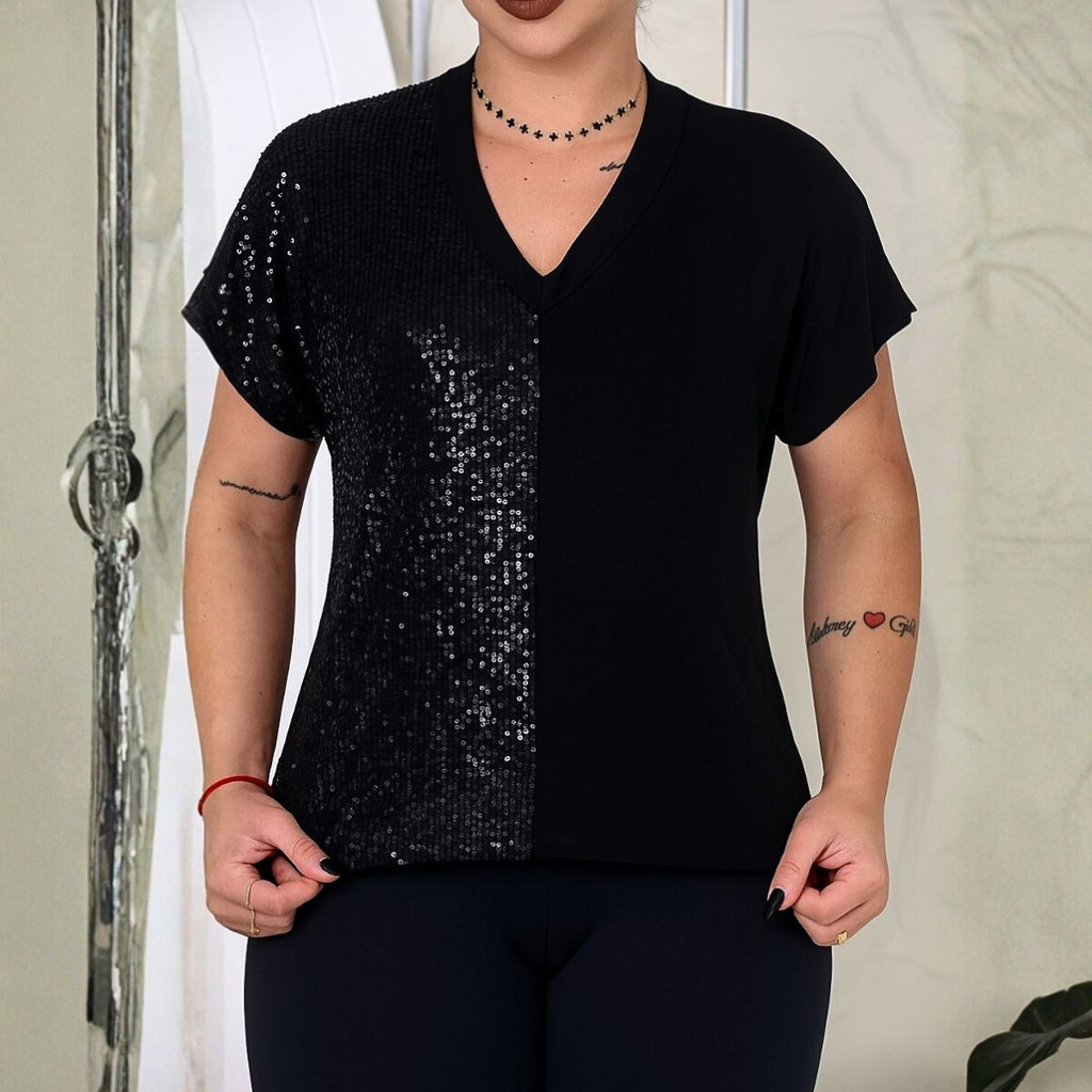 Blusa Feminina Lateral Em Paetê Brilho Festa Natal Ano Novo