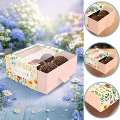 10 CAIXA P/4 DOCES COM VISOR FLORES 8X8X4CM 5990 ( DIA DAS MÃES IDEIA 2026 ) HOT STAMPING