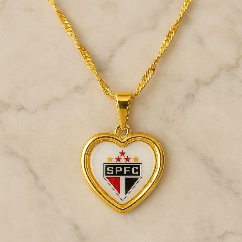 Colar São Paulo FC Coração Folheado a Ouro Pingente SPFC Feminino Presente Torcedor