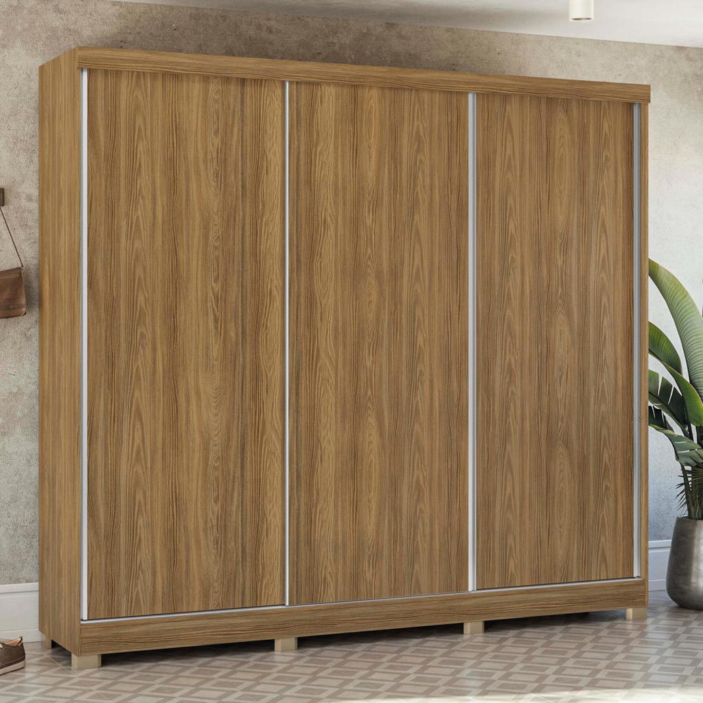 Guarda-Roupa Casal 100% MDF Kappesberg c/Pés 3 Portas de Correr 8 Gavetas Nogueira