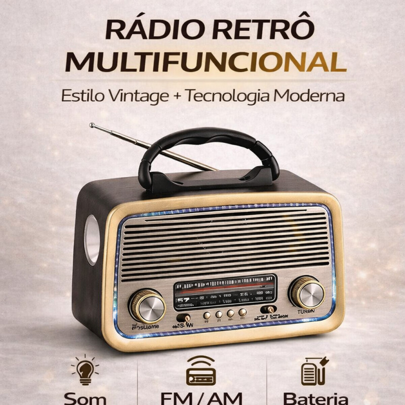 Rádio Retro Vintage Bluetooth Am Fm Usb Aux Sd Caixa de Som Recarregável Antena Analogico