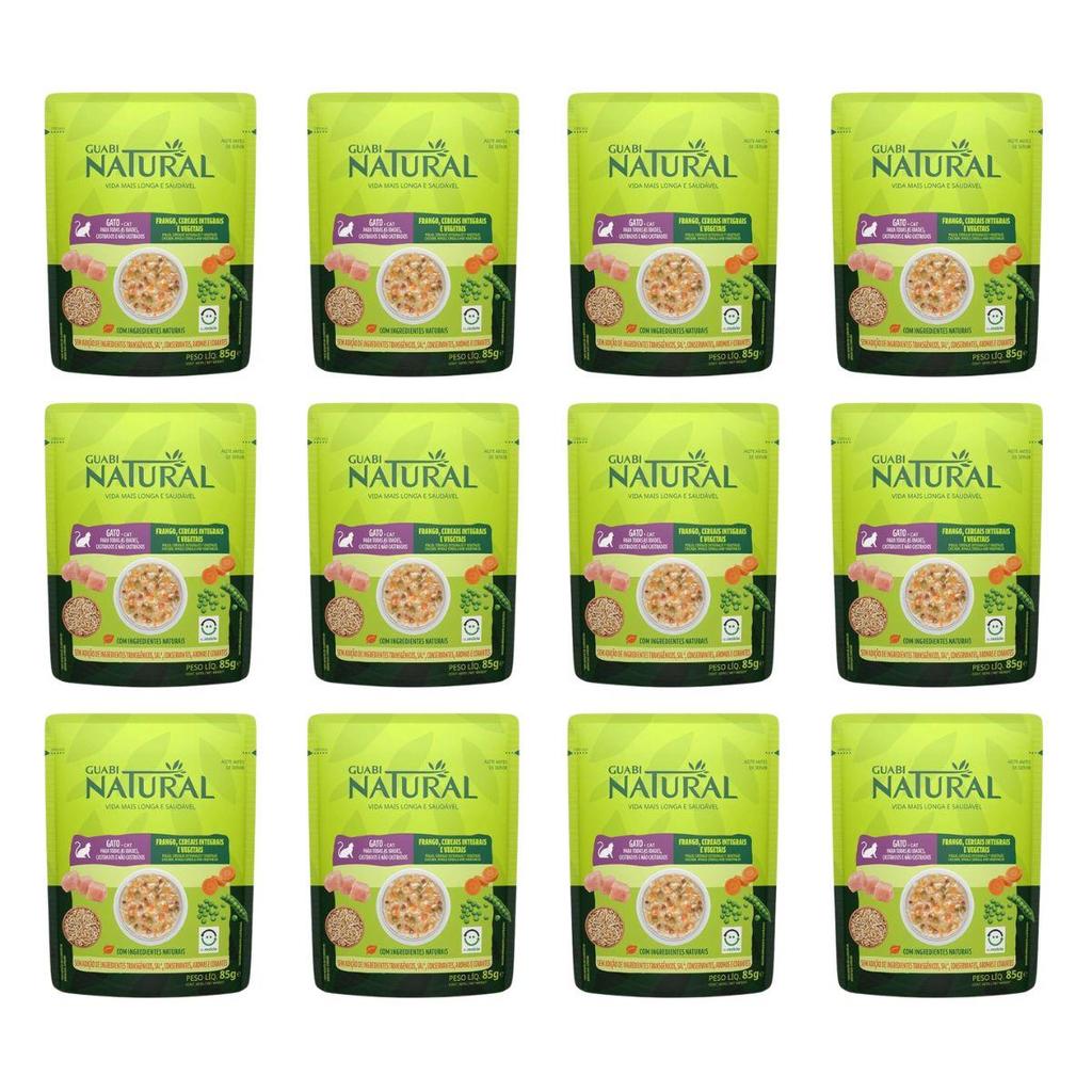 Kit 12 Sachês Guabi Natural Gato Frango Cereais Vegetais 85g em Oferta na Shopee