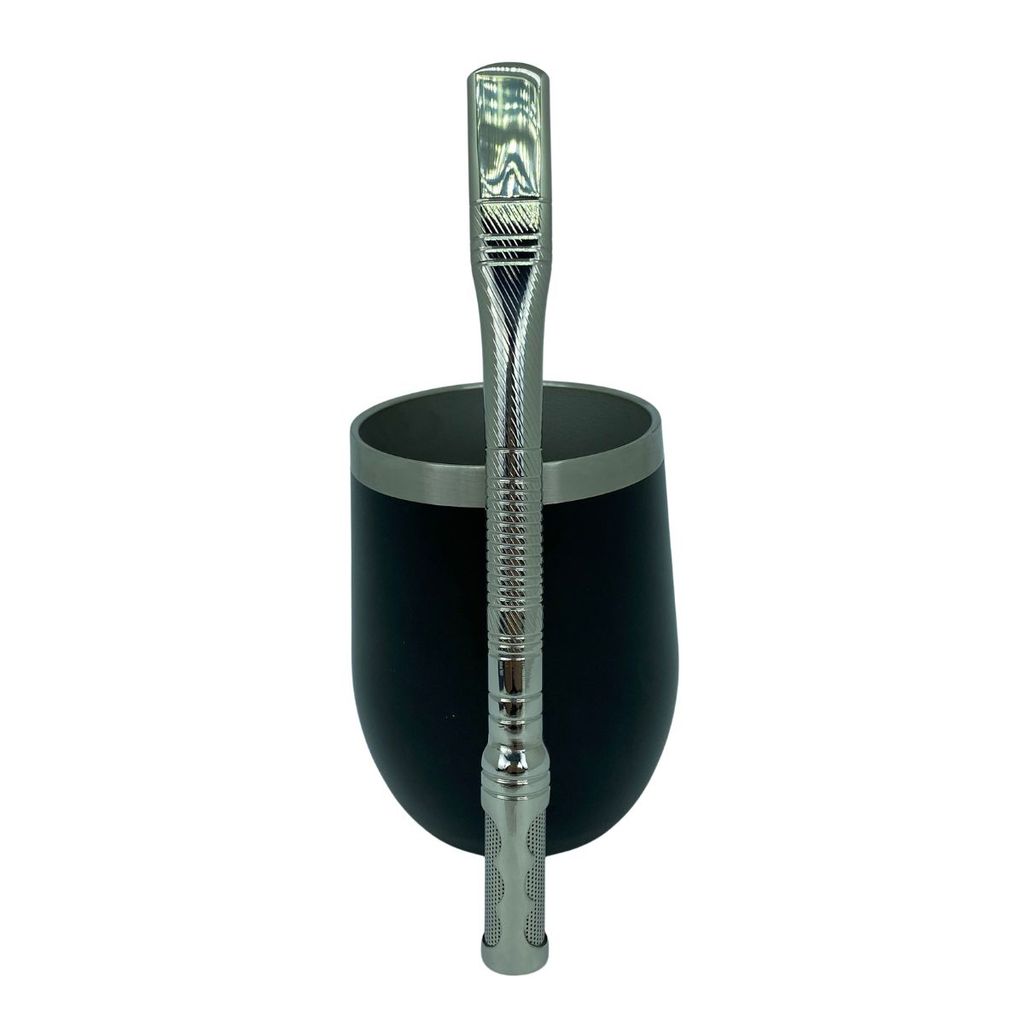 Kit tereré copo cuia térmico 350ml parede dupla inox preto + bomba tela v12 20cm + escova higiênica