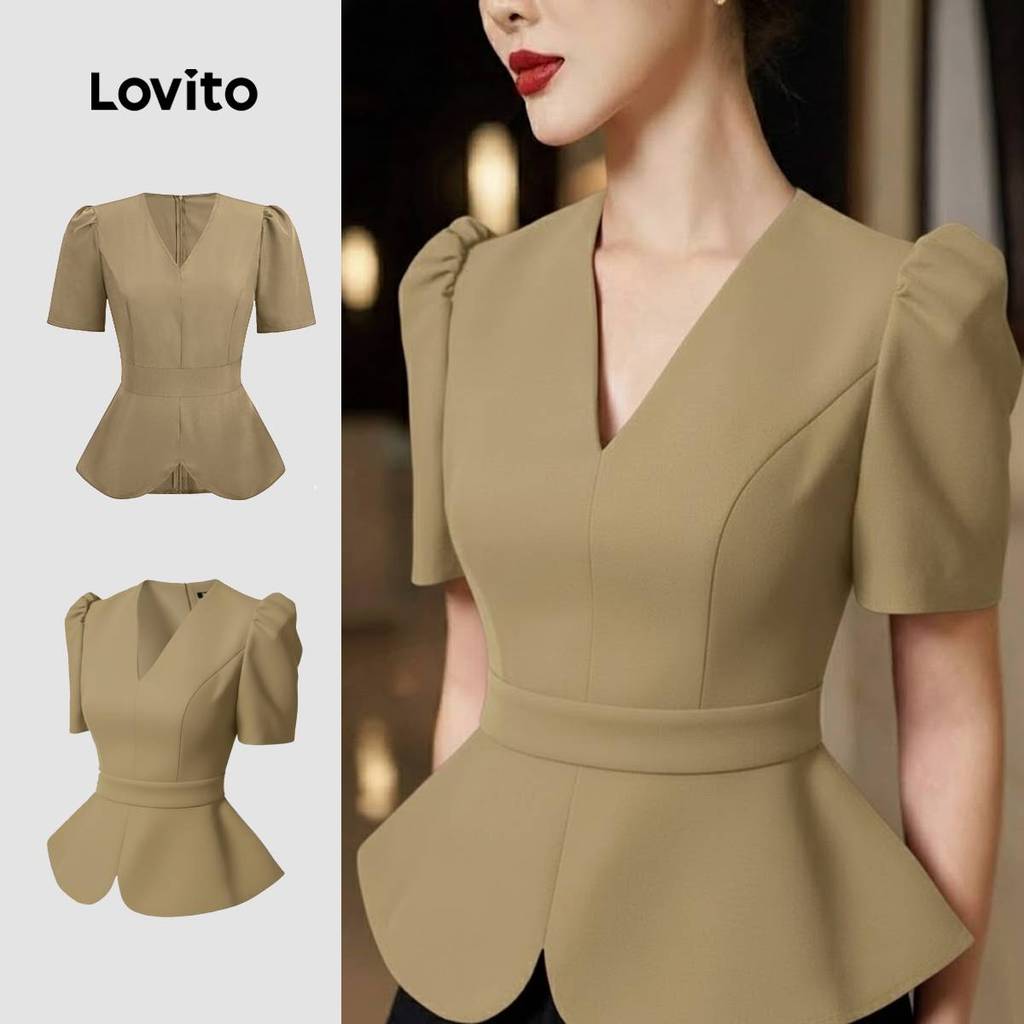 Lovito Blusa Casual Plissada Primavera/verão Blusa Cáqui para mulheres L164ED091 em Oferta na Shopee