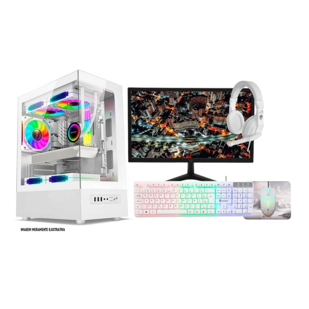 PC Gamer Branco Intel i5 Memoria Ram 8GB SSD 480GB Monitor Teclado Mouse Headset