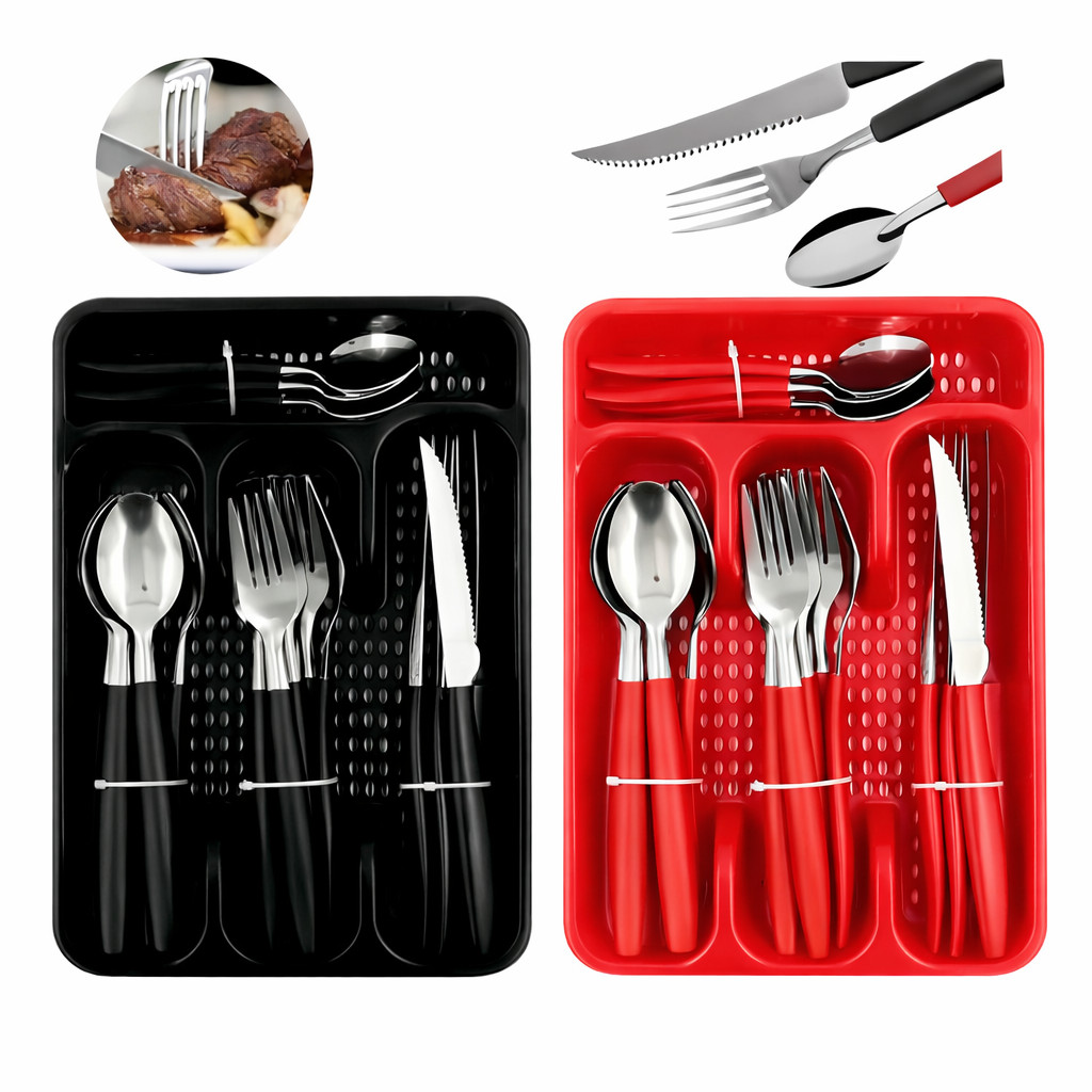 Faqueiro Inox Porta Talher Com 24 Peças Jogo De Talheres Preto E Vermelho