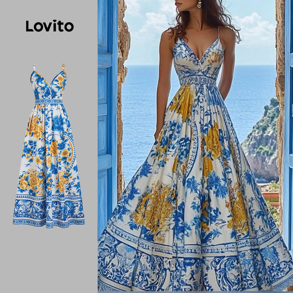Lovito Vestido Longo Étnico Estampado Boho Zíper Primavera/Verão para Mulheres LBL32063 em Oferta na Shopee