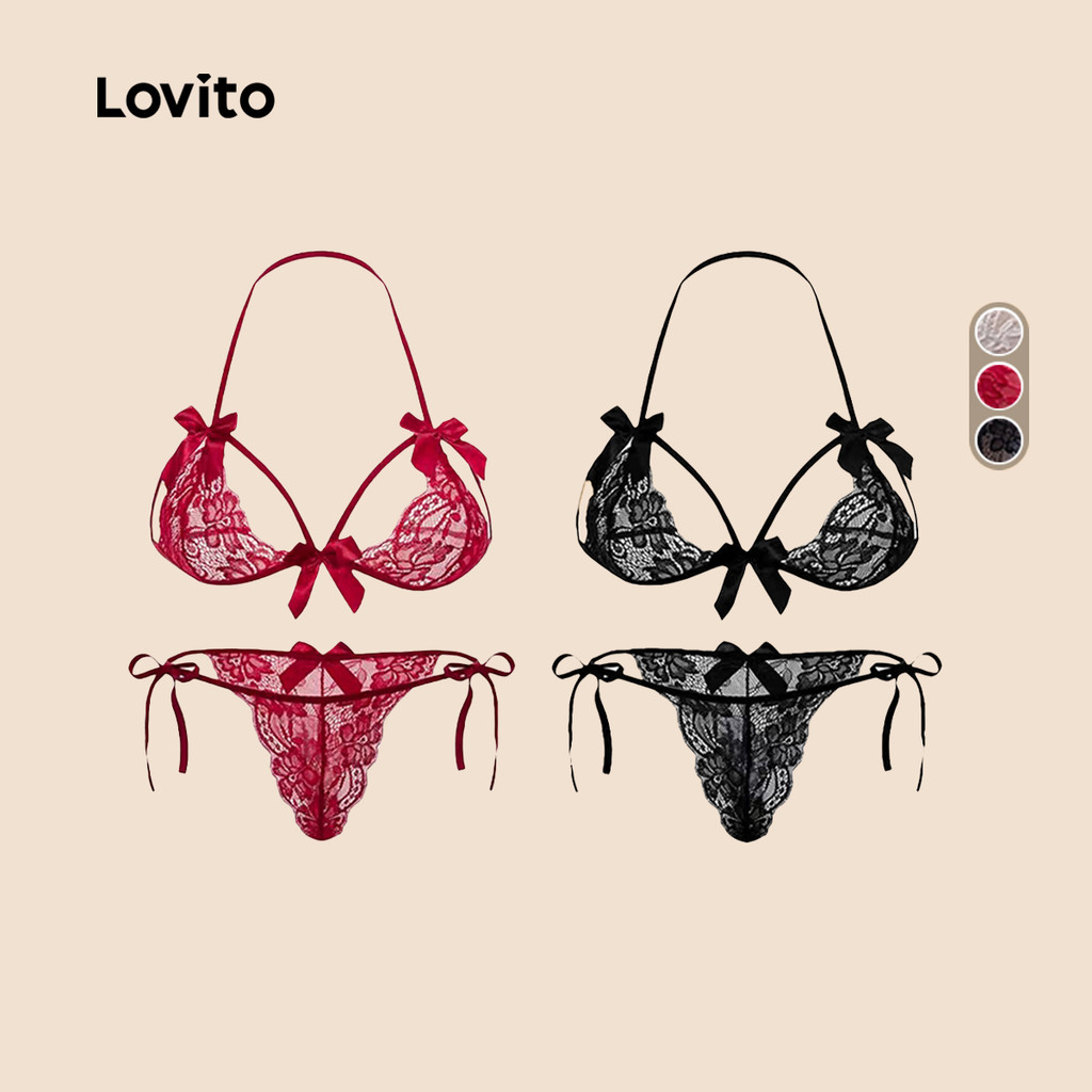 Lovito Conjunto Lingerie 2 Peças Renda Laço Preto Sexy Mulheres LNE130221