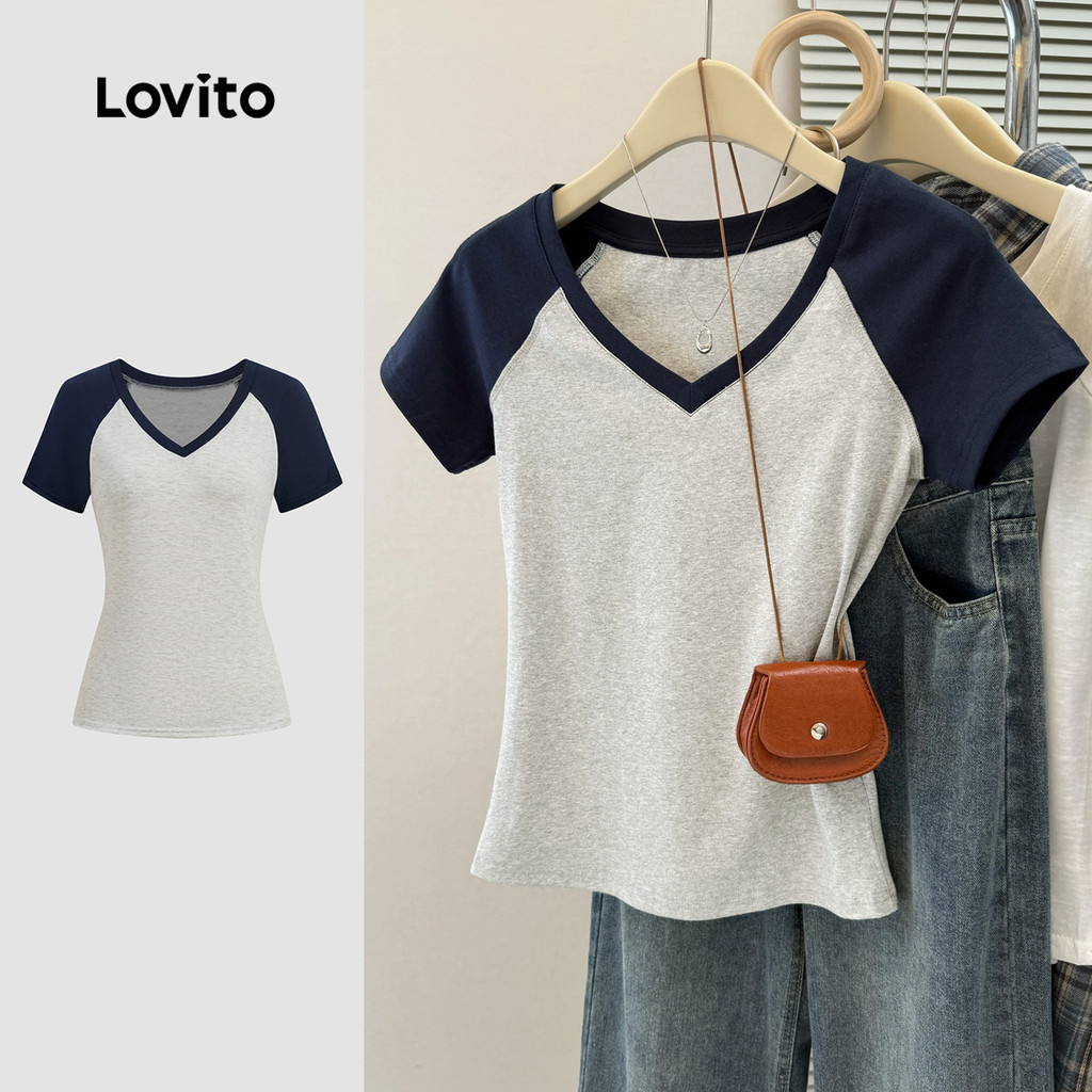 Lovito Camiseta Casual Colorblock Primavera/verão Cinza para Mulheres. L172ED1146