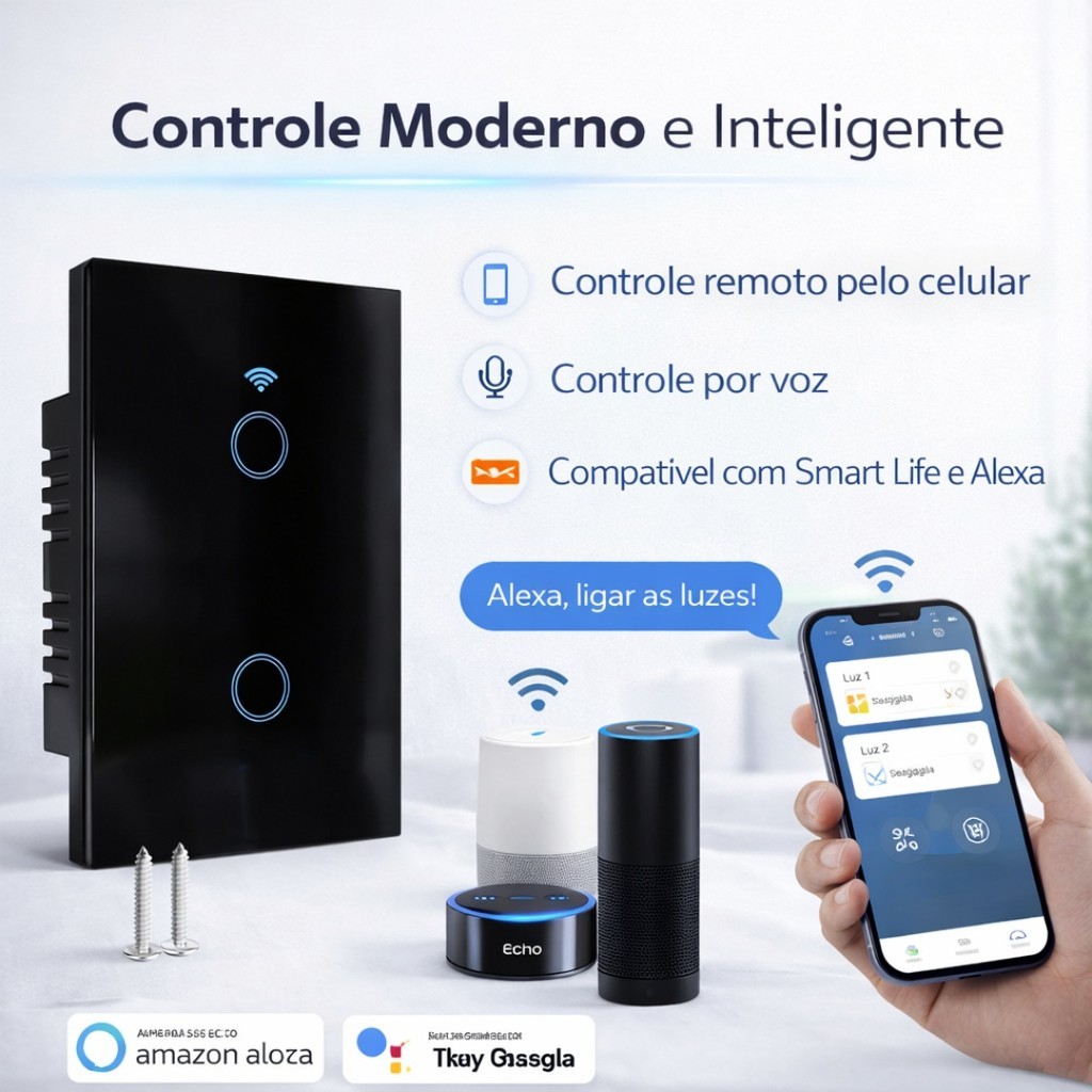 Interruptor Inteligente Wi-Fi Touch 2 Teclas sem Neutro, Controle por Voz e App em Oferta na Shopee