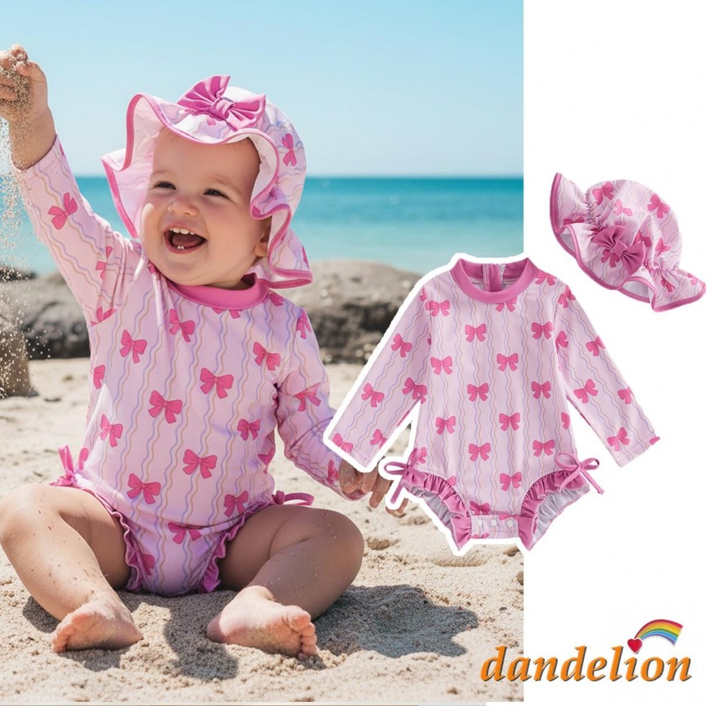 Biquíni Com Estampa De Laço De Manga Comprida Para Bebês Meninas Chapéu Roupa De Banho Recém-Nascidos De Verão