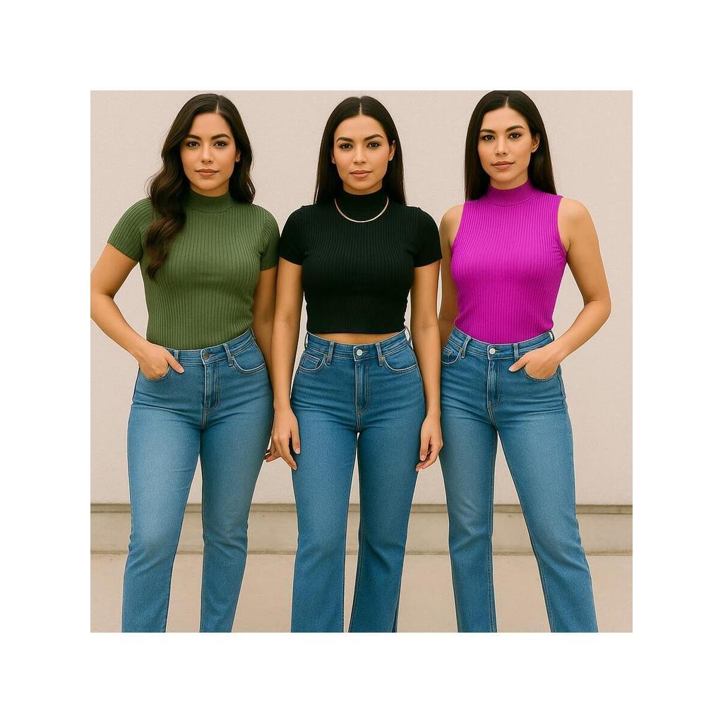 Combo 3 Blusas Canelado Premium: Regata, Cropped E Blusinha Estilosas