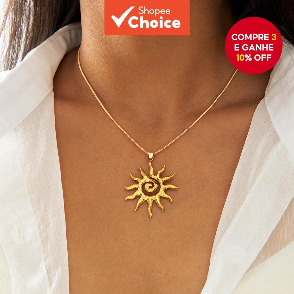  Colar Longo Unissex com Pingente de Sol Dourado, Hipoalergênico, Não Mancha, Minimalista, Gargantilha na Moda, Versátil
