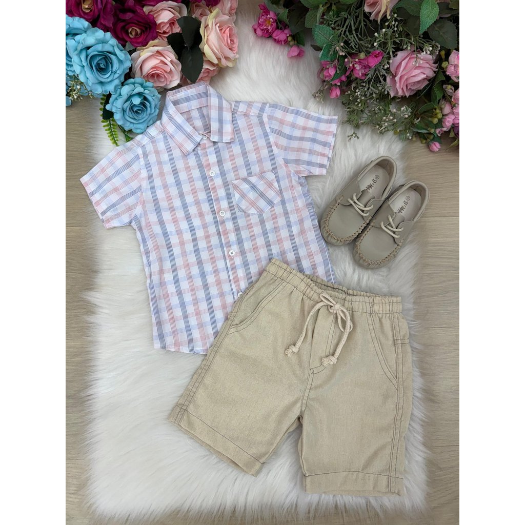 Conjunto Meninos Lucas Banana Club Shorts Linho Camisa Xadrez