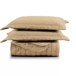 Kit Colcha Cobre Leito Scarpa Plissê Queen Seersucker 3 Peças Maciez E Leveza Textura Bege Mel