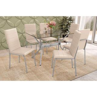 Sala de Jantar Completa Loire c/ Tampo de Vidro 120x80cm e 6 Cadeiras Amsterdã Cromada - Nude - Kappesberg em Oferta na Shopee