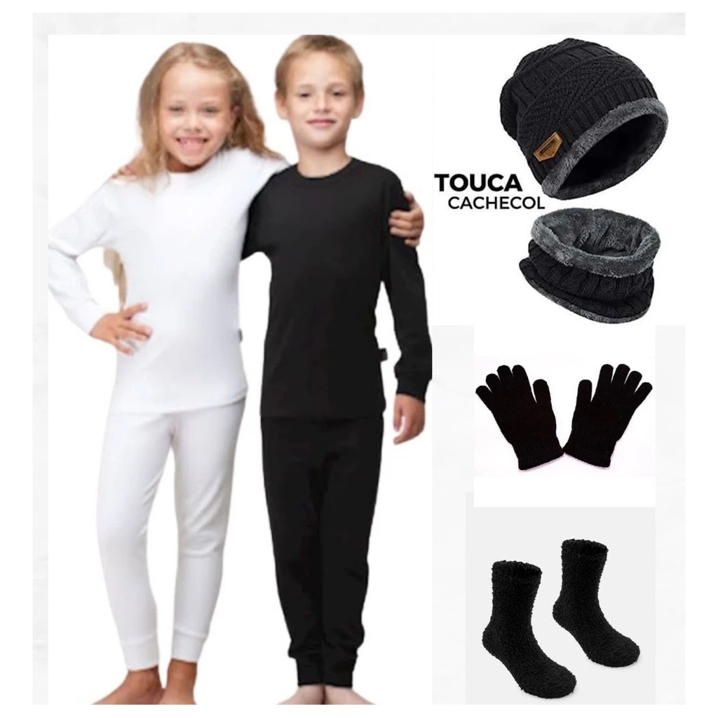 Roupa Térmica Criança Pelucia Blusa Calça Meia Luva Touca
