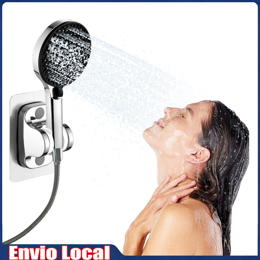 Conjunto de cabeça de chuveiro, mangueira de chuveiro de 1,5 m + chuveiro redondo + base sem punção