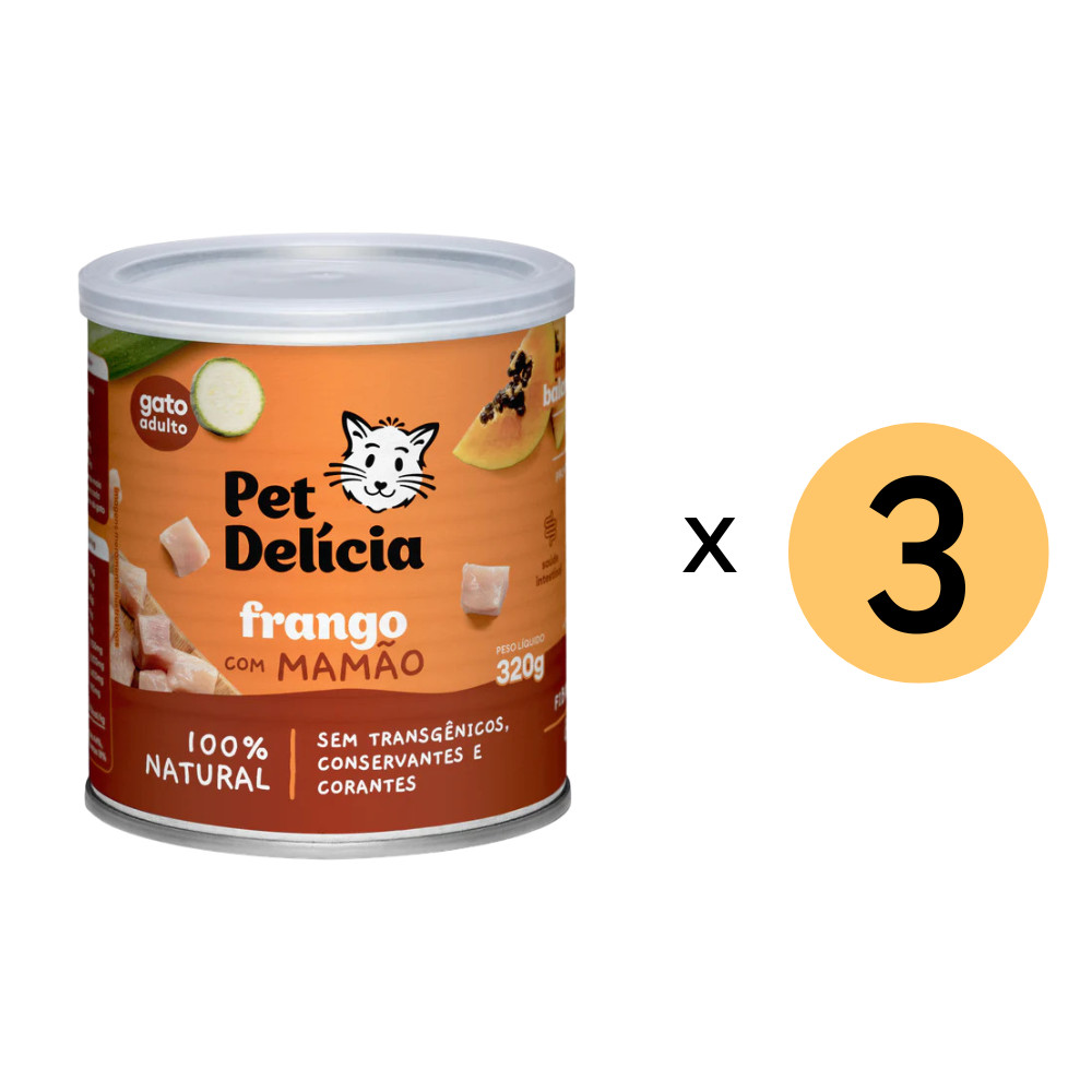 Kit 3 Ração Úmida Pet Delícia Gatos Frango Com Mamao - 320G