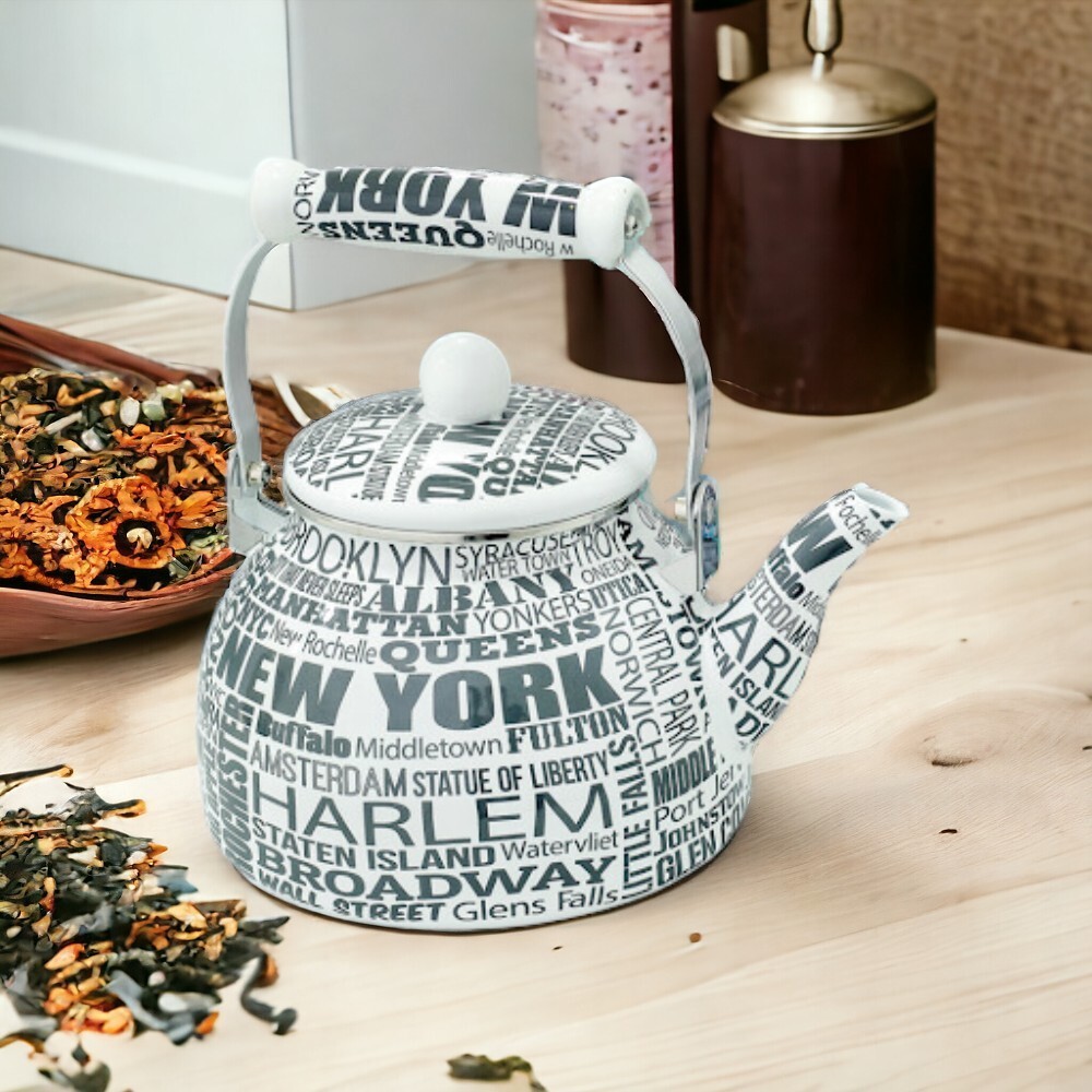 Chaleira Esmaltada Vintage 2,5L Indução Fogão Gás Elétrico Chá Café Retrô New York