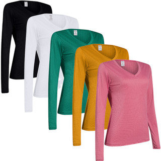 Blusa Feminina Ribana Canelada Manga Longa Básica Gola V