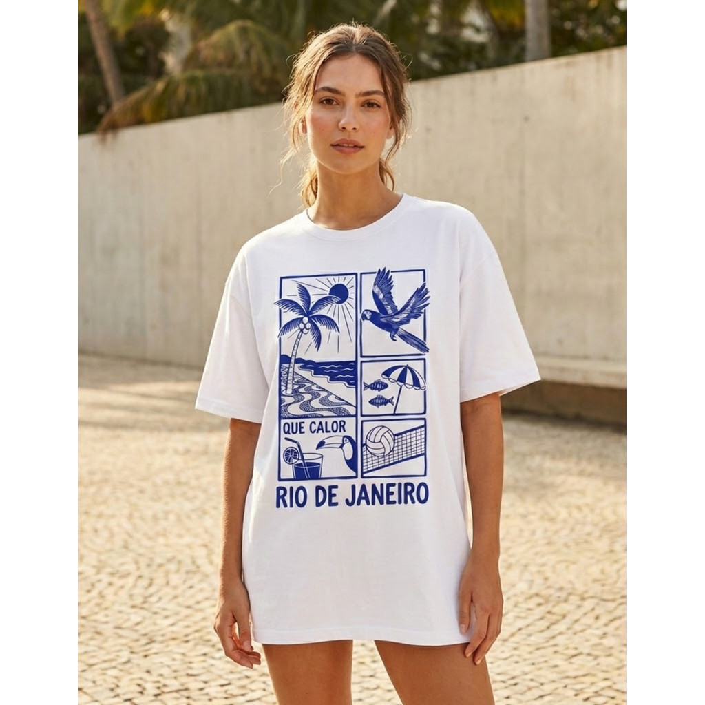 Camiseta Feminina Casual T-shirt Algodão Premium Super Confortável Estampa Verão Rio