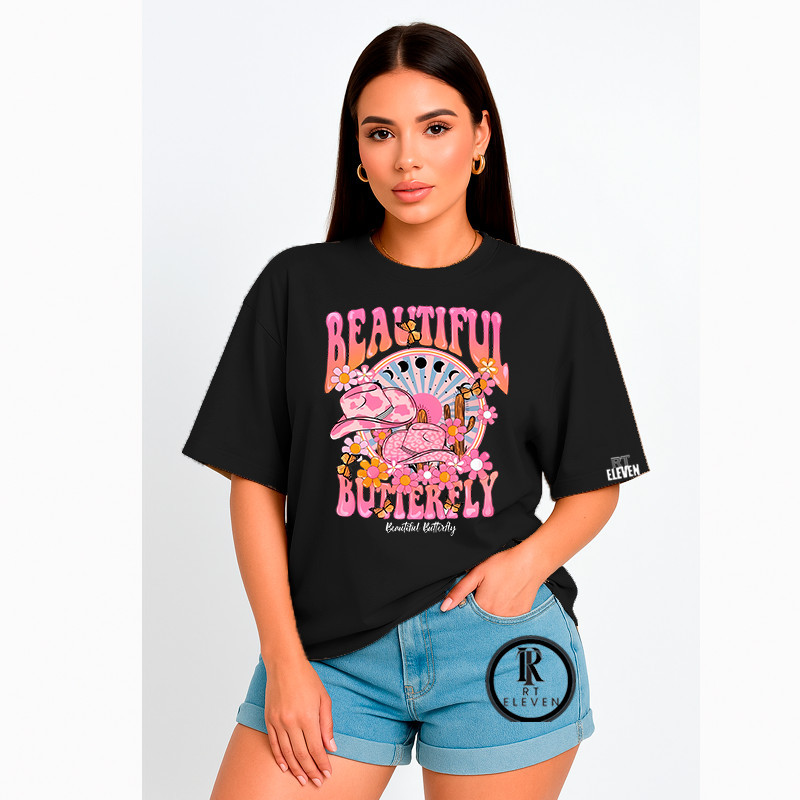 Camiseta Feminina oversized Feminina Bealtifull Buterfly  Moda Fitness Treino academia exercícios Malha 100% Algodão