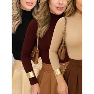 KIT 3 Blusas Feminina Manga Longa Cacharrel Confortável Básico Gola Alta em Oferta na Shopee