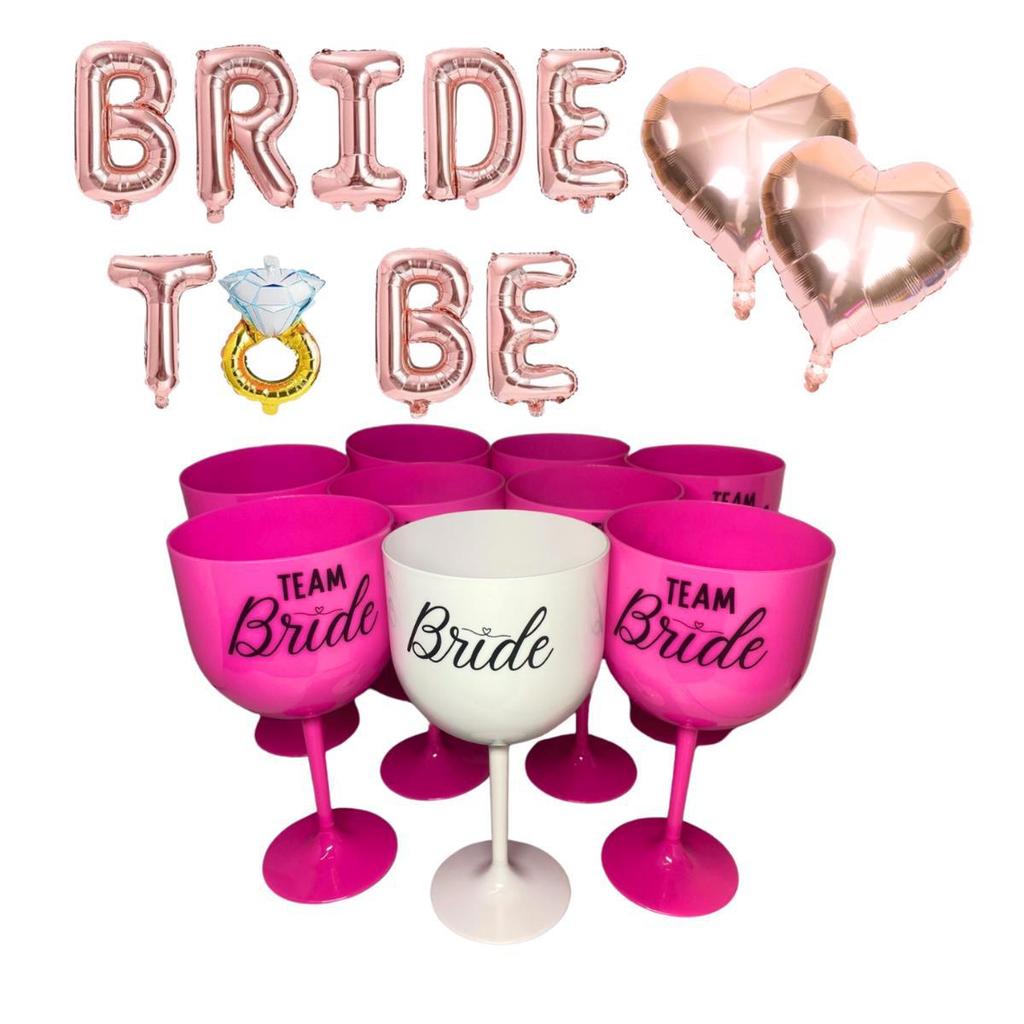 Kit Festa Chá de Noiva 11 Taças Gin + Balão Bride To Be + Balão Coração Despedida Completa