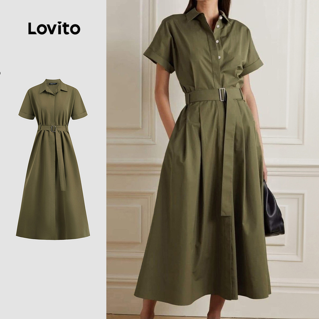 Lovito Vestido Elegante Liso Com Cinto E Botões Para Mulheres, Verão/primavera LBL23506 em Oferta na Shopee