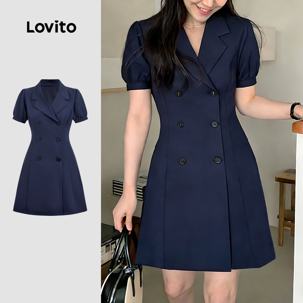 Lovito Vestido Elegante Botão Lazer Primavera/verão Azul Marinho para Mulheres LK2AD1121 em Oferta na Shopee