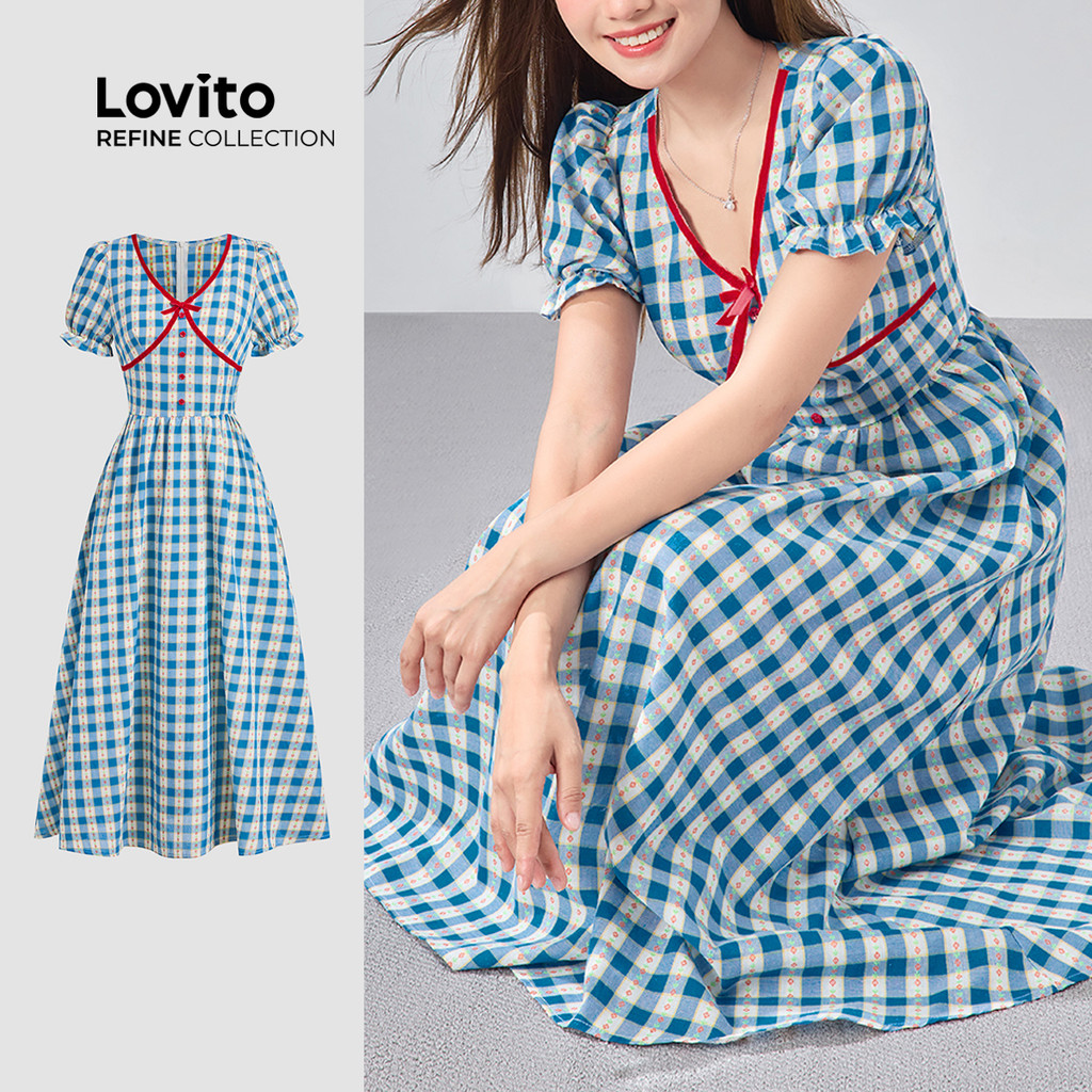 (Lovito Refine) Vestido Azul de Primavera/verão com Laço Casual com Babados e Gola drapeada LR12A407 em Oferta na Shopee