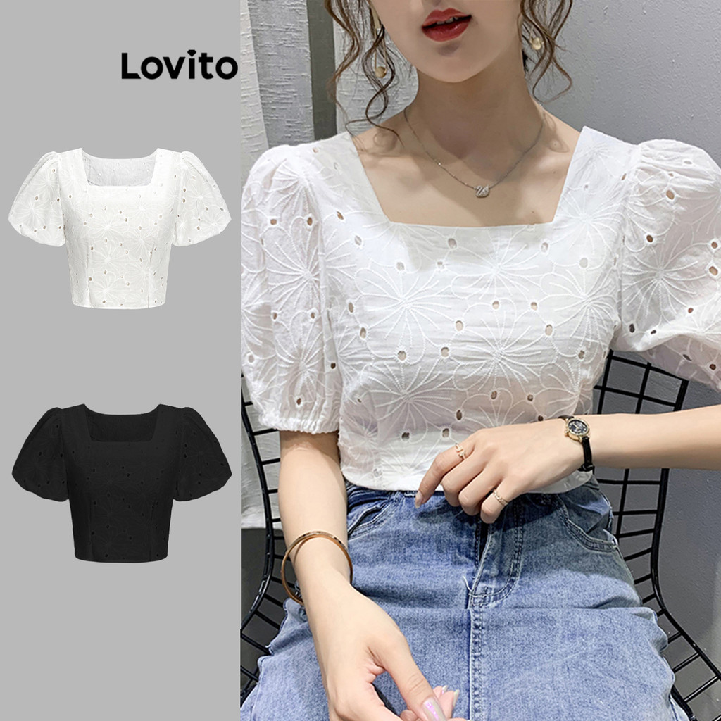 Lovito Blusa Casual Com Ilhó Liso Bordado Blusa Franzida Para Mulheres L68ED349 (Multicolorido) em Oferta na Shopee