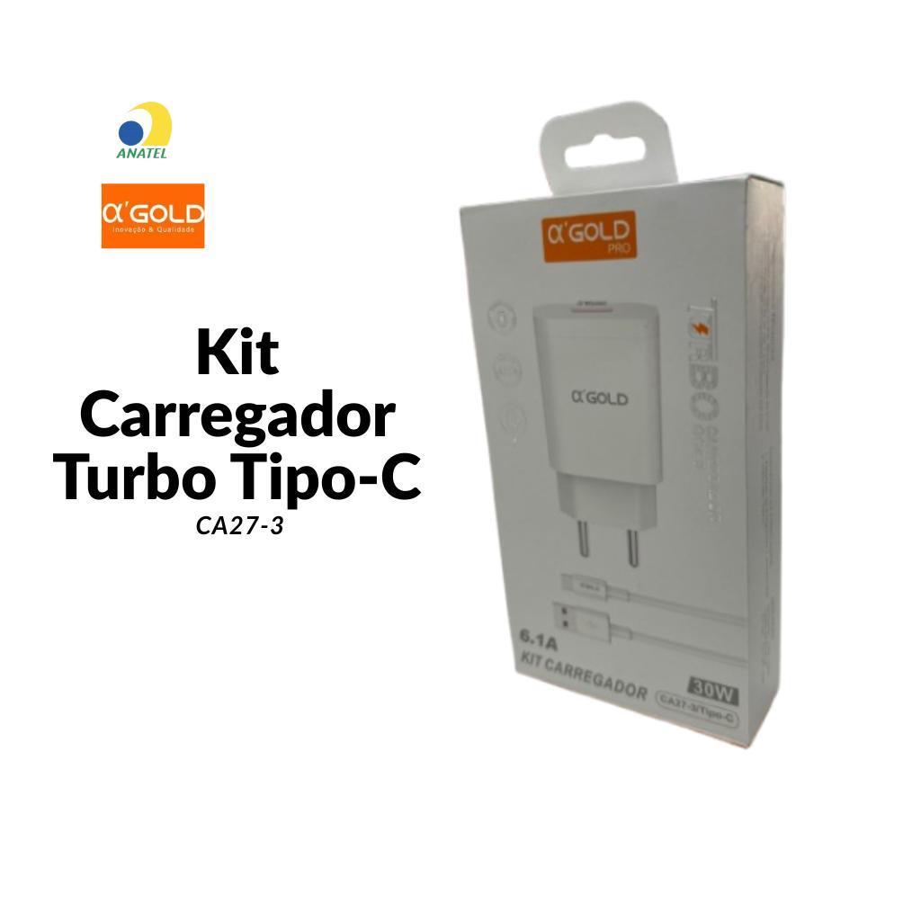 Kit Carregador Turbo O’GOLD PRO CA27-3/Tipo-C 30W 6.1A Rápido com Cabo USB-C Original Reforçado para Smartphones