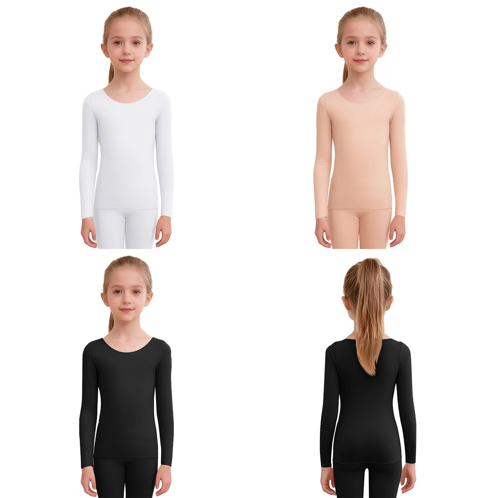 inhzoy Kids Girls Seamless Thermal Underwear Tops Round Neck Long Sleeve Pullover Top for Dance Practice Warm Up