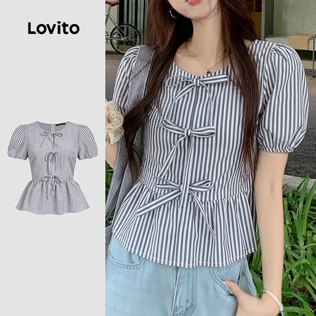 Lovito  Blusa Casual Babado Bainha Amarrar Frente Primavera/verão Azul Branco Blusa para Mulheres L177ED124 em Oferta na Shopee