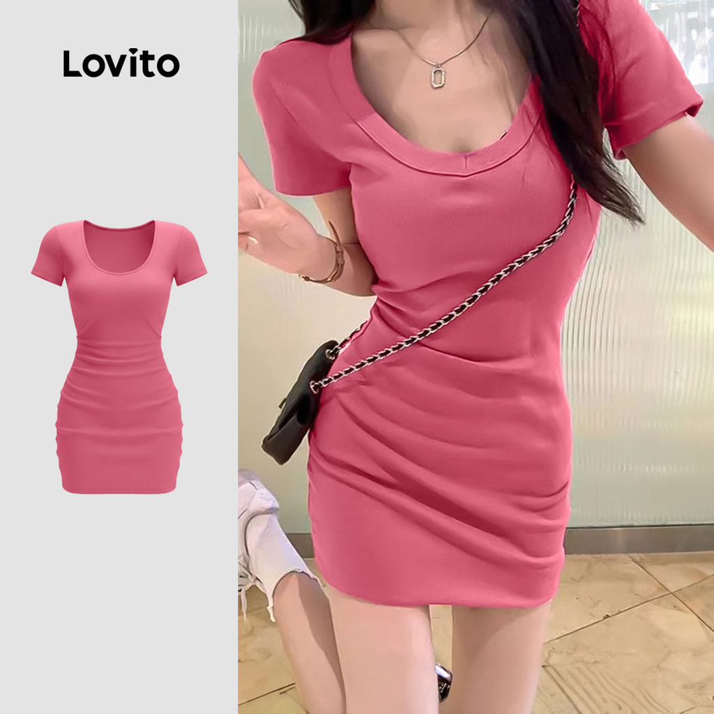 Lovito  Vestido Casual com Padrão Exquisito para Primavera/verão em Rosa Vermelha para Mulheres LNE134060 em Oferta na Shopee