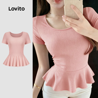 Lovito Camiseta Casual com Babados Na Bainha Simples para Primavera/verão Rosa para Mulheres L172ED447 em Oferta na Shopee