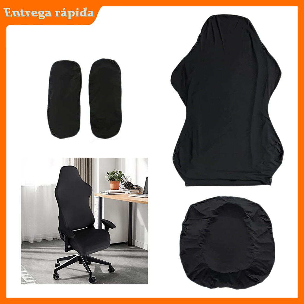 Kit 4 peças capa para cadeira gamer, 2 capas para braços, 1 encosto, 1 assento, preta elástica, protetor anti sujeira