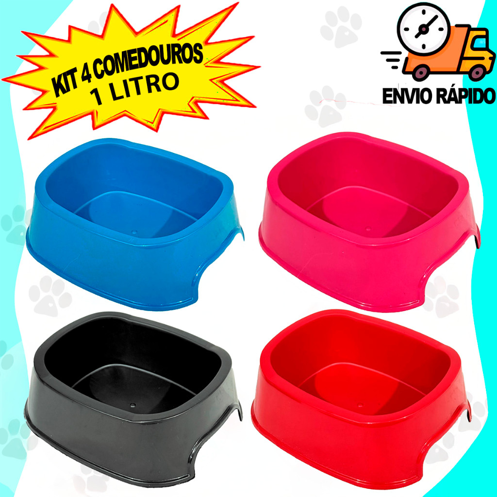 Kit 4 Comedouros Pote de Ração e Água Grande 1Litro Cachorro Médio Grande Porte