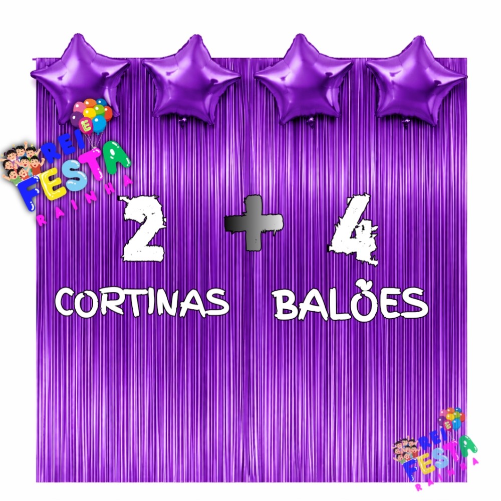 Kit 2 Cortinas + 4 Balões Estrelas,14 Cores, Decoração, Festa, Comemoração, Surpresas, Eventos, Aniversário, Kit Roxo
