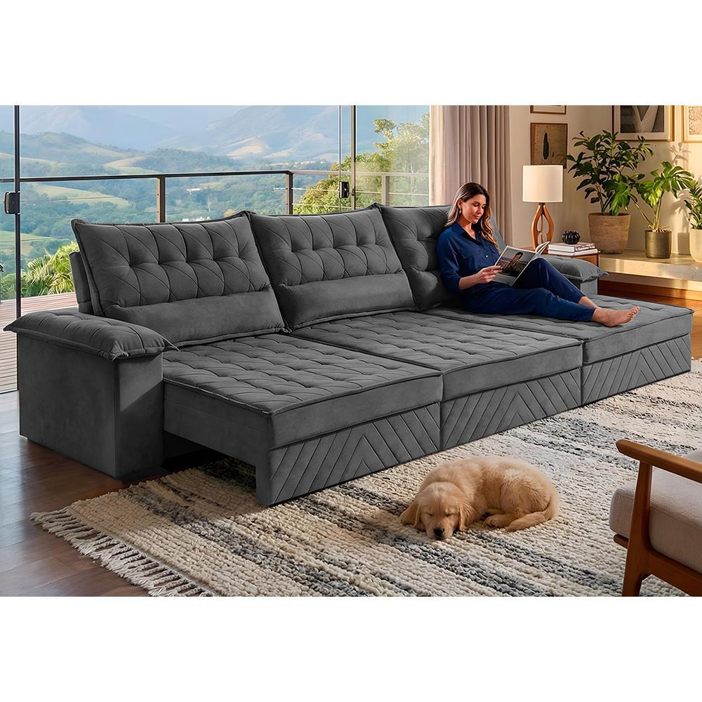 Sofá Retrátil e Reclinável 4,20m com Molas e Espuma D33 Thunder. Velusoft Cama inBox