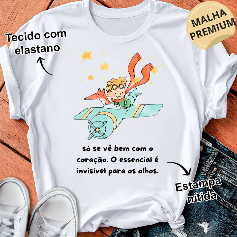 Camiseta Camisa Algodão Camisa Linda Camiseta Livro O Pequeno Príncipe Avião Frase O Essencial é Invisível Aos Olhos Blu