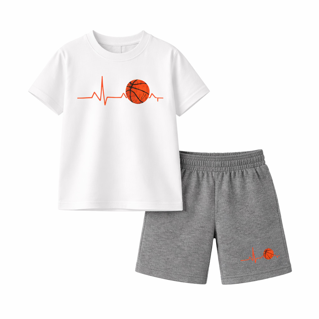 Conjunto Esportivo Kit Camiseta Infantil Menino + Bermuda Moletim Estampada Kit Estilo Coração De Atleta Basquete