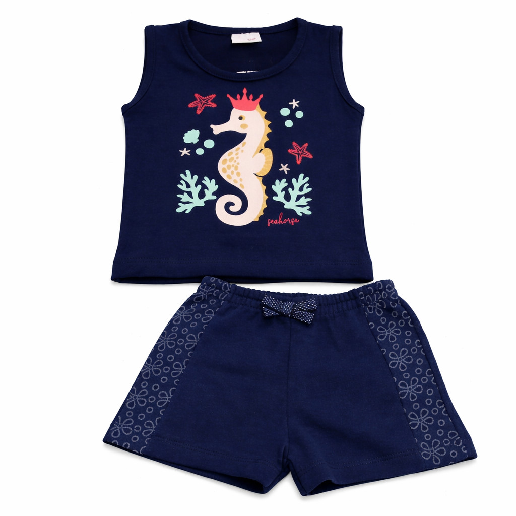 CONJUNTO INFANTIL AZUL MARINHO MENINA BEBÊ CRIANÇA REGATA ESTAMPADA NA FRENTE FEMININO E SHORTS COM DETALHE DELICADO