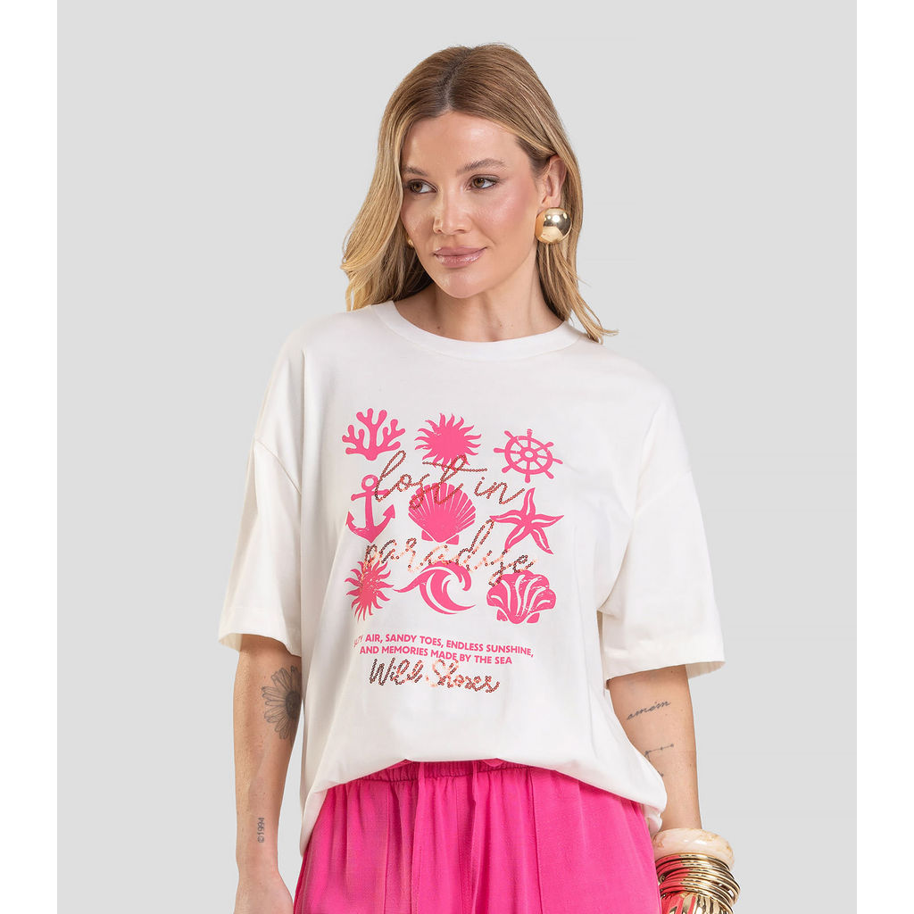 T-Shirt Oversized Feminina Dianna Bege em Oferta na Shopee