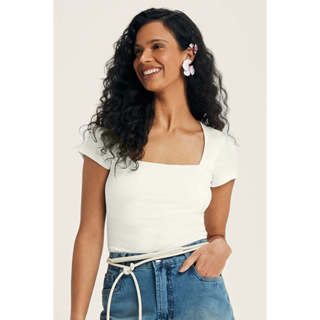 Blusa Feminina Decote Quadrado Marialícia Bege em Oferta na Shopee