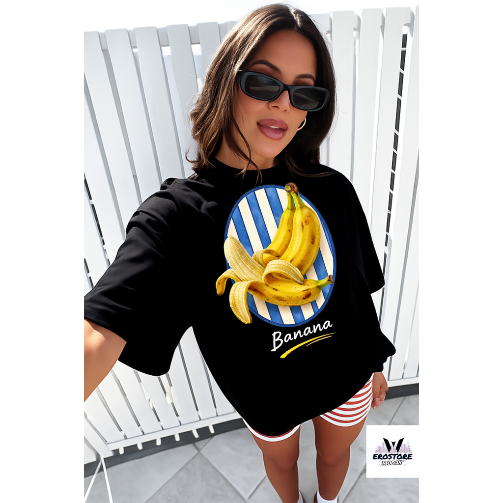 Camiseta Moda Feminina Modinha Camisa Estampada Banana Blusa T-shirt Oversized 100% Algodão Estilosa Confortável Dia Dia