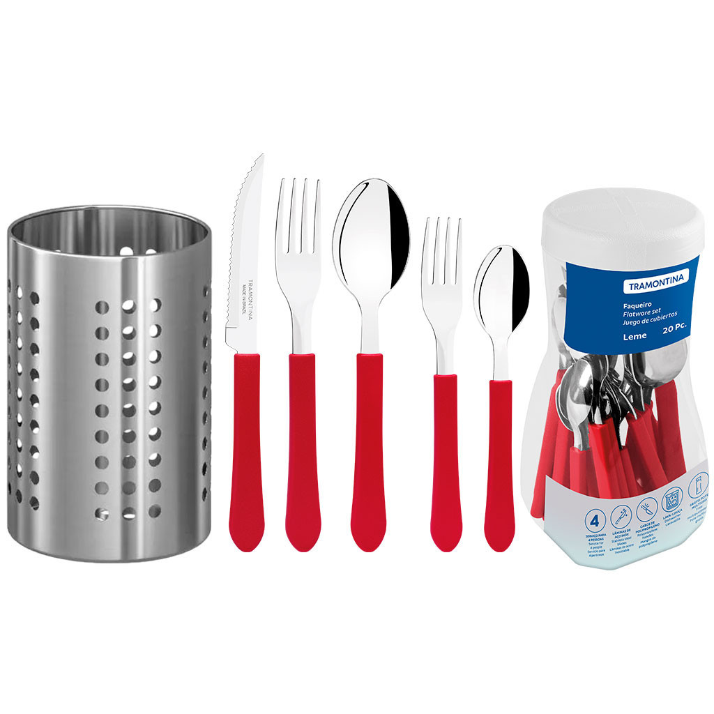 Conjunto De Talheres Tramontina Inox Leme Vermelho 20 Peças Com Suporte De Talheres Inox em Oferta na Shopee