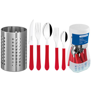 Conjunto De Talheres Tramontina Inox Leme Vermelho 20 Peças Com Suporte De Talheres Inox